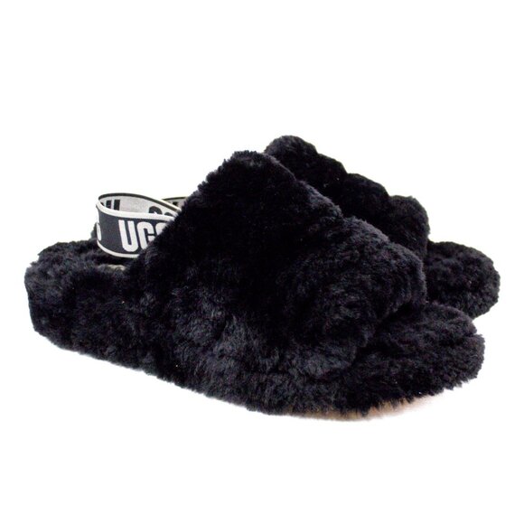 UGG OH FLUFFITA Platform Slide Black /UGG Logo Shearling Slipper Women's Size 10 - Picture 2 of 9